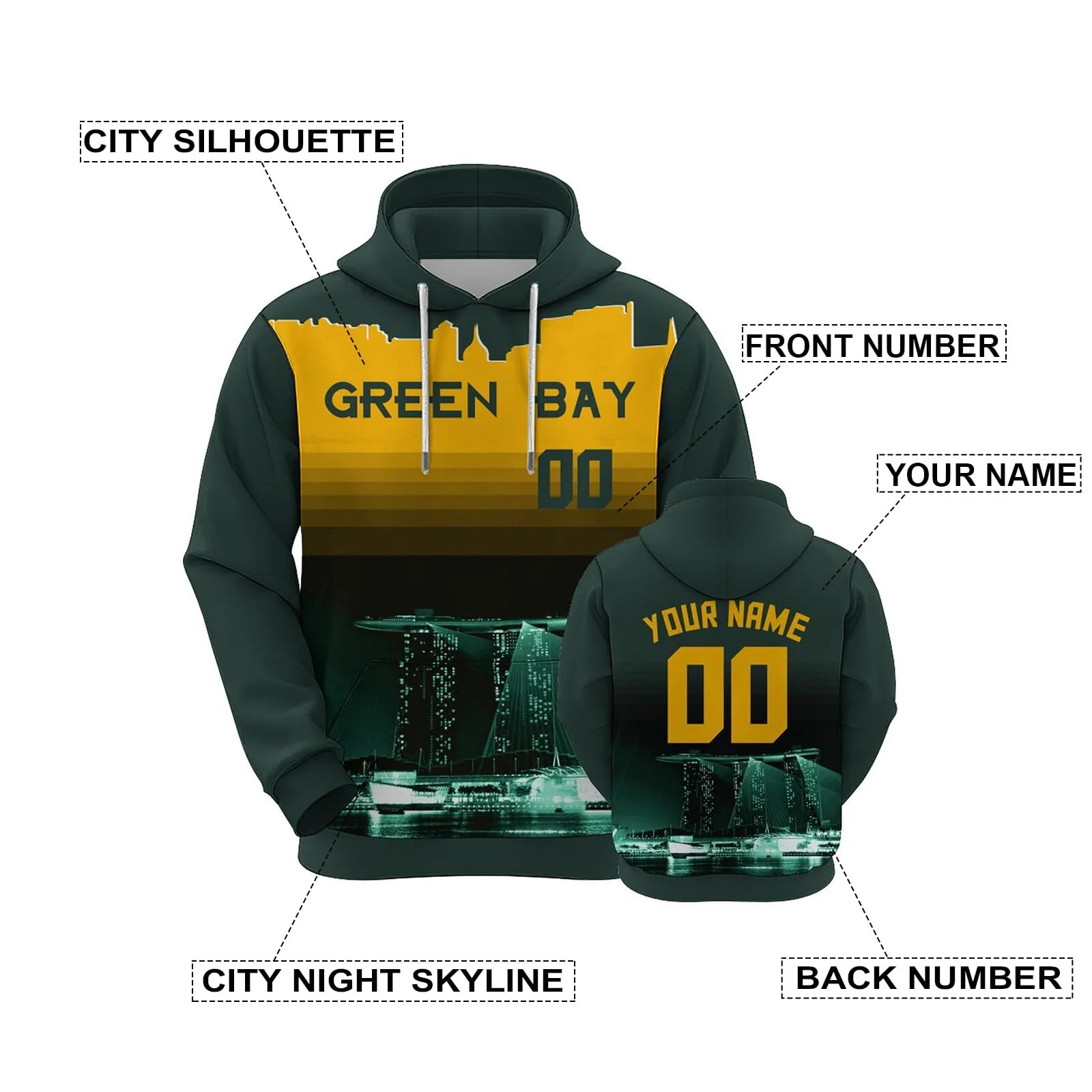 Custom Sports Pullover Sweatshirt City Green Bay Night Fashion Football Hoodie