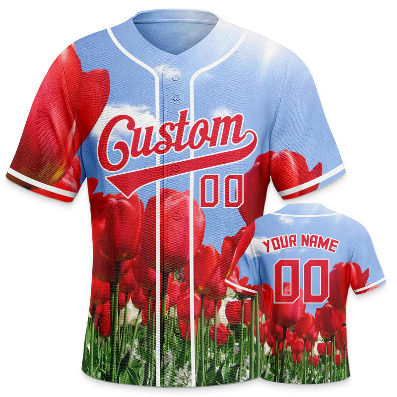 Custom Red Light Blue-White 3D Pattern Design Tulip Authentic Baseball Jersey