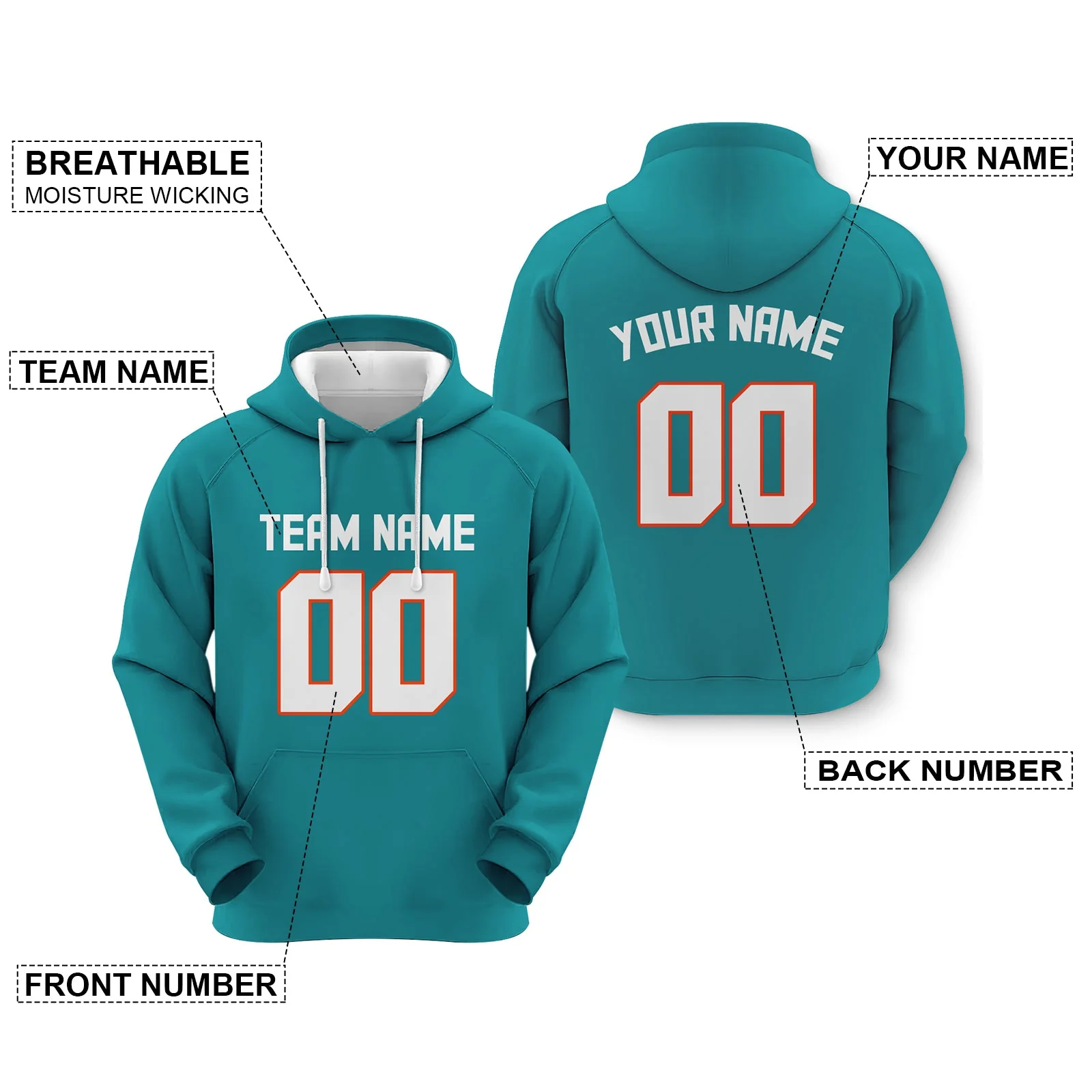 Custom Aqua White-Orange Sports Pullover  Sweatshirt Football Hoodie