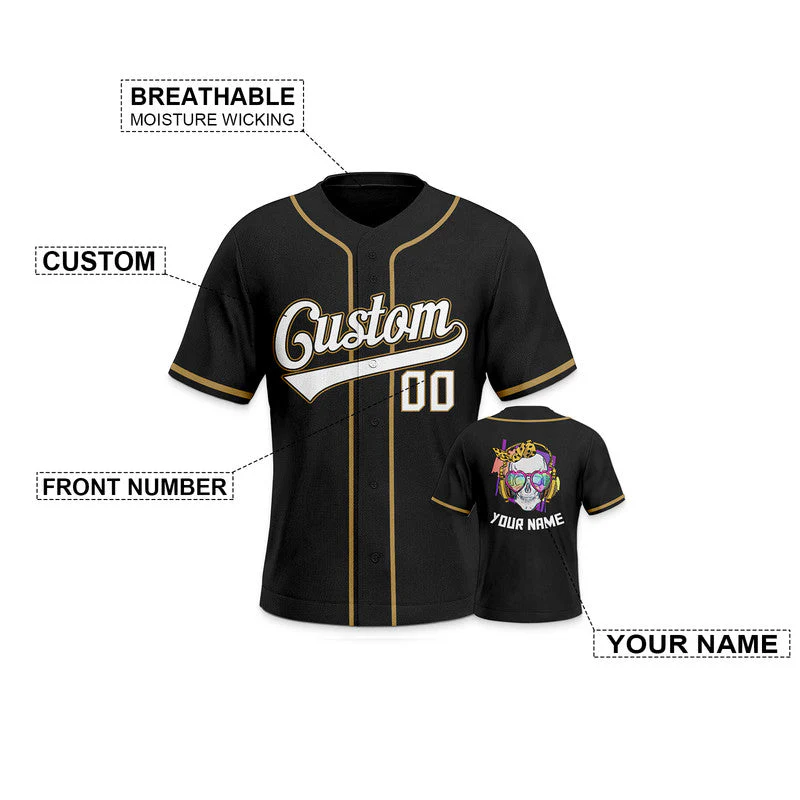 Custom Black Black-Old Gold Authentic Skull Fashion Baseball Jersey 2
