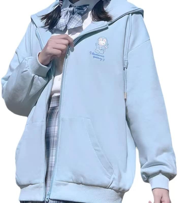Women's Japanese Loose Kawaii Zip Hoodie Girls Sweet Preppy Jacket Top