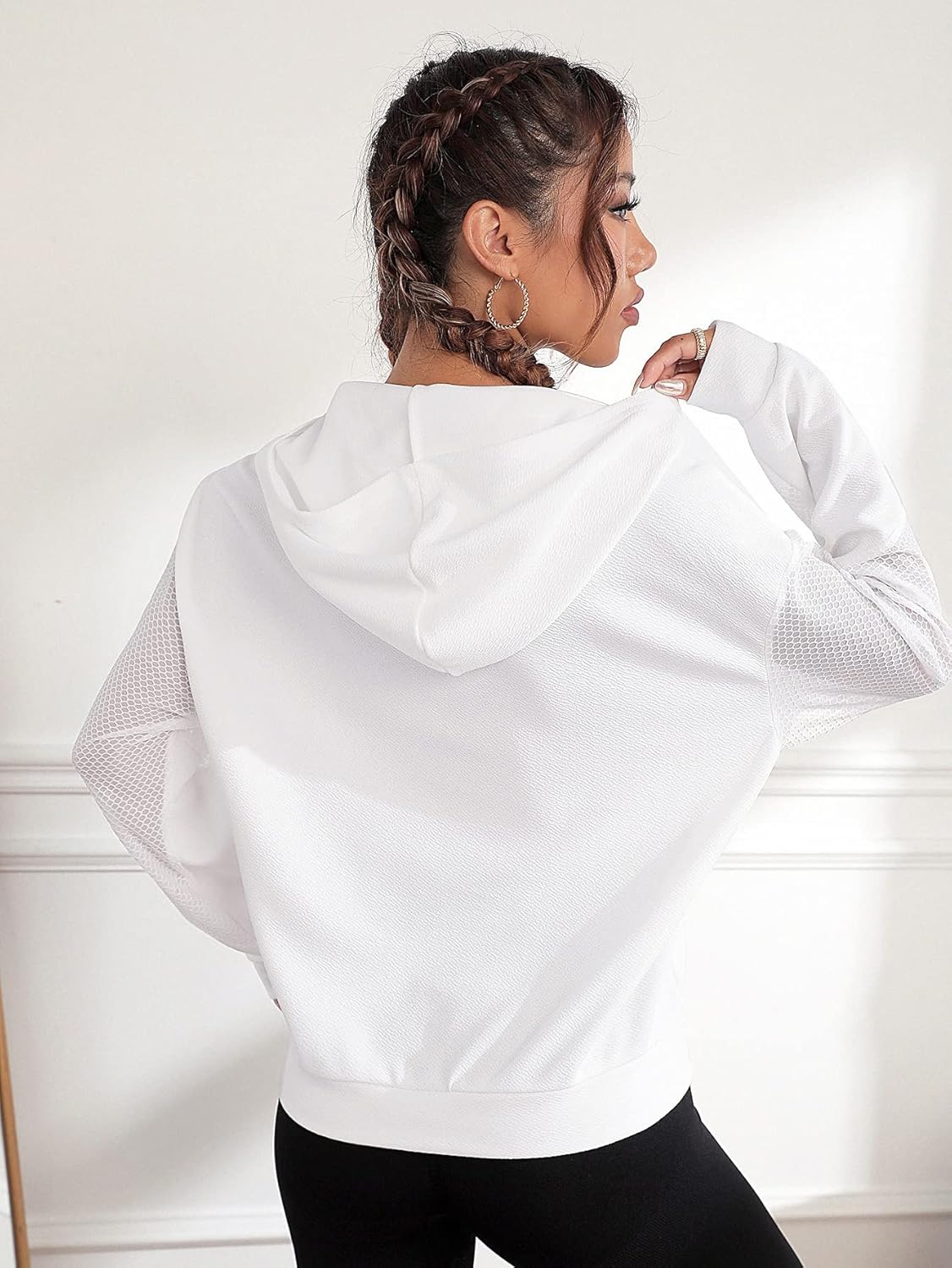 Women's Half Zip Crop Hoodie Long Sleeve Hollow Out Hooded Sweatshirt Pullover Tops