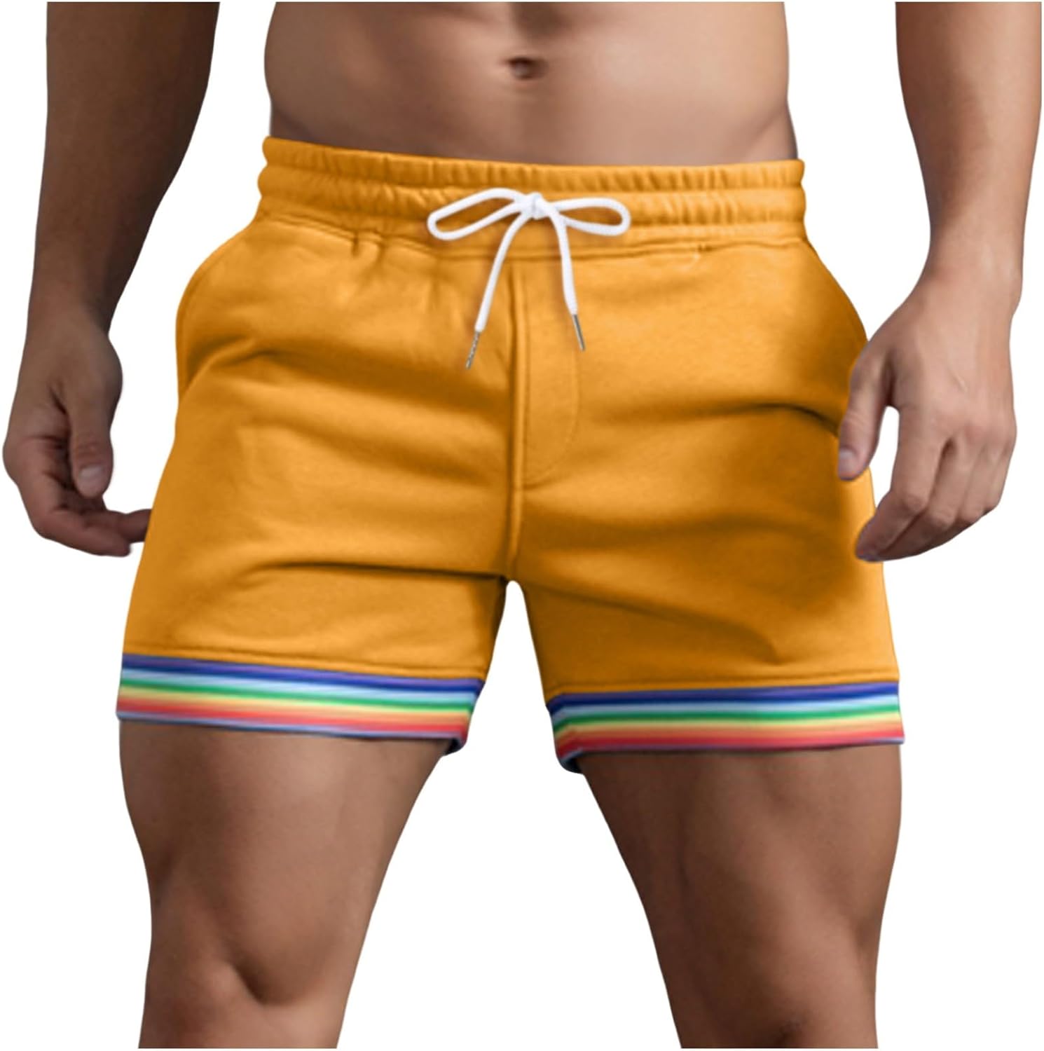 Mens Sports Shorts Outdoor Running Fitness Shorts Rainbow Leg Hem Drawstring Elastic Beach Athletic Sweat Shorts