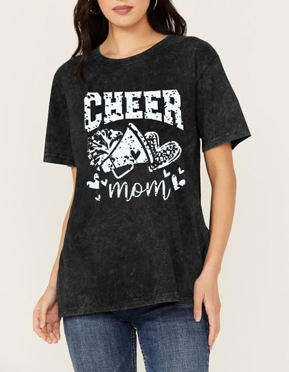 Mama Shirt Cheer Mom Tshirt: Acid Wash Mom Graphic Short Sleeve Shirts - Distressed Vintage Mama Tee Tops