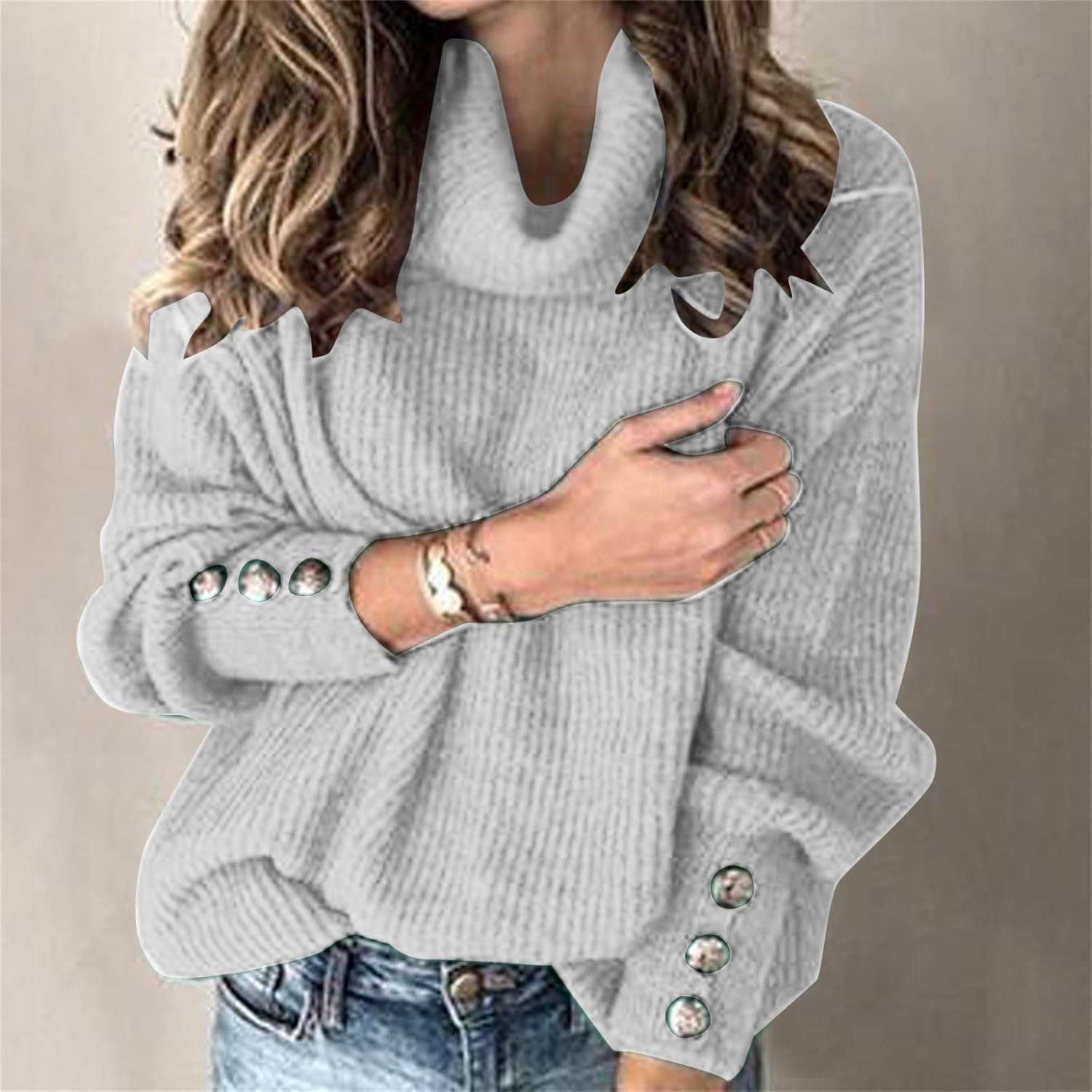 Women's 2024 Pullover Sweaters Soft Long Sleeve Turtleneck Knitted Casual Button Oversized Tunic Tops